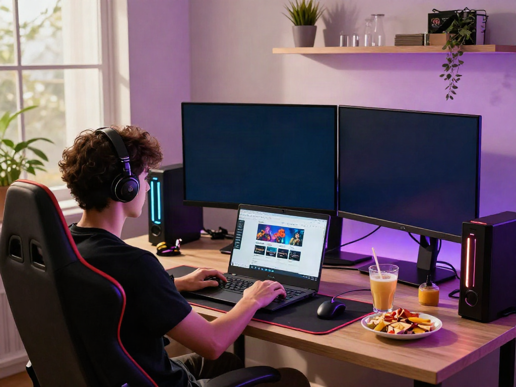Exciting gaming experience at https://gem88.bz/ with a player engaged in live casino action in a cozy home office.