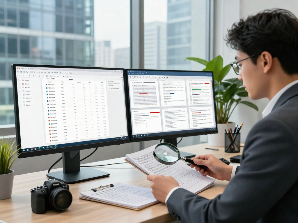 Detailed image of document fraud detection analysis in a modern office, showcasing a compliance analyst examining discrepancies on dual monitors.