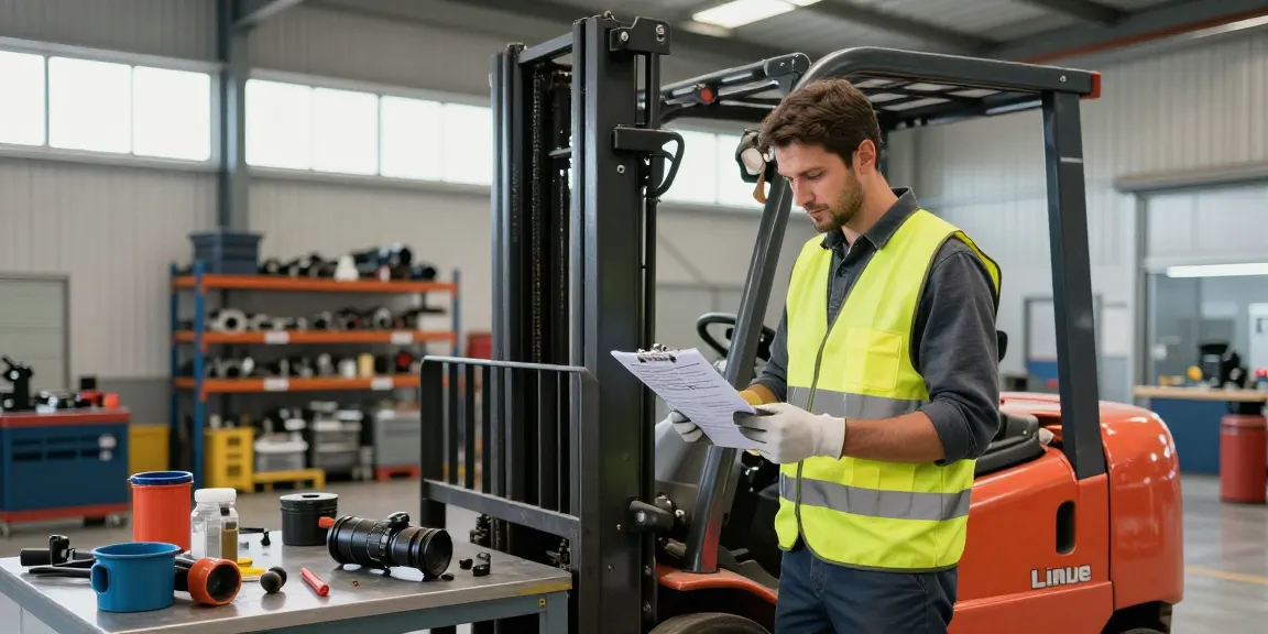 Linde Gabelstapler gebraucht, von einem Mechaniker in einer gut beleuchteten Lagerumgebung inspiziert.