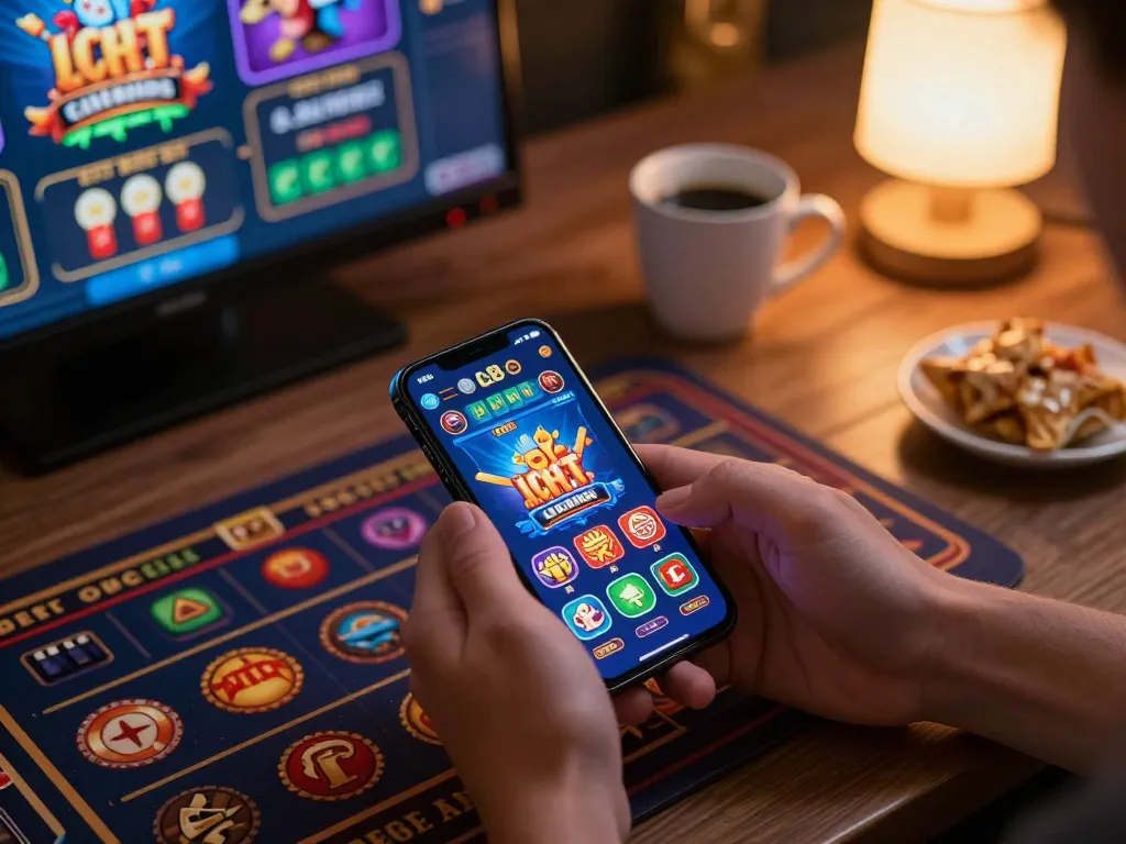 Engaged player enjoying app lc88 on smartphone during a relaxing gaming session at home.