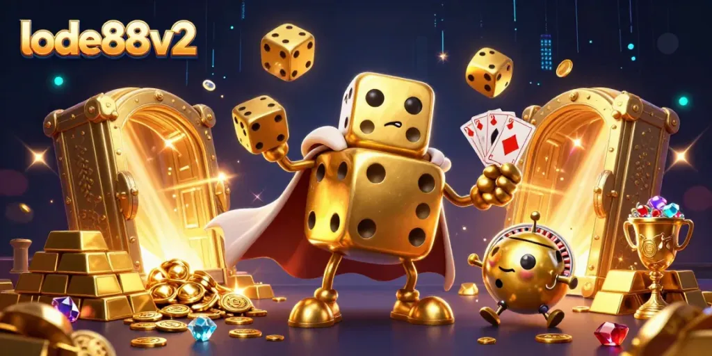 Experience the thrill of lode88v2 with this vibrant 3D illustration featuring golden casino elements.