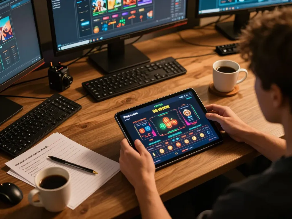 Engaged player analyzing 98win com online casino interface on a tablet, showcasing strategic gaming.