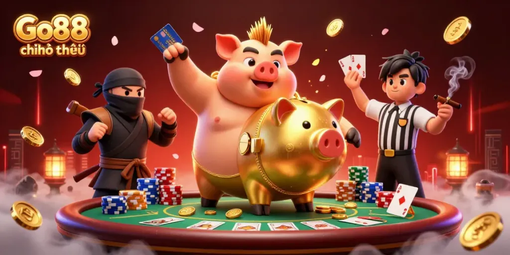 Experience thrilling gameplay with Go88 chính thức featuring a golden piggy bank sumo wrestler, poker table, and dynamic characters.
