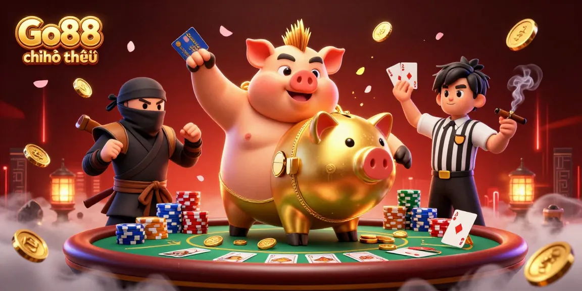Experience thrilling gameplay with Go88 chính thức featuring a golden piggy bank sumo wrestler, poker table, and dynamic characters.
