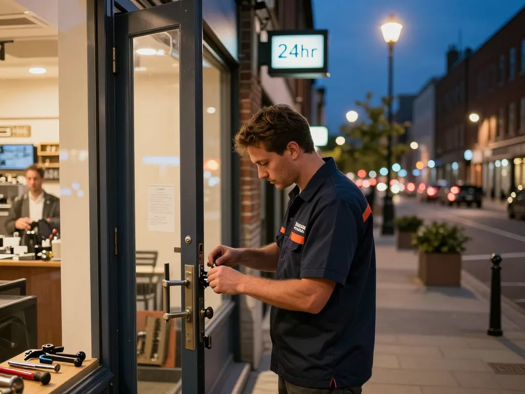 Schlüsseldienst-Techniker arbeitet an einer Tür in Heidelberg und zeigt die Professionalität und den 24/7 Service des Schlüsseldienstes Heidelberg.