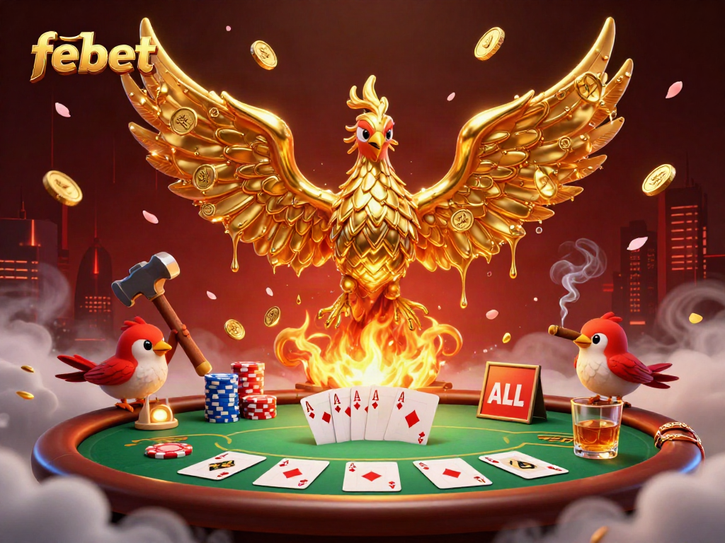 Experience the excitement at febet with a vibrant 3D casino scene showcasing a golden phoenix and poker action.