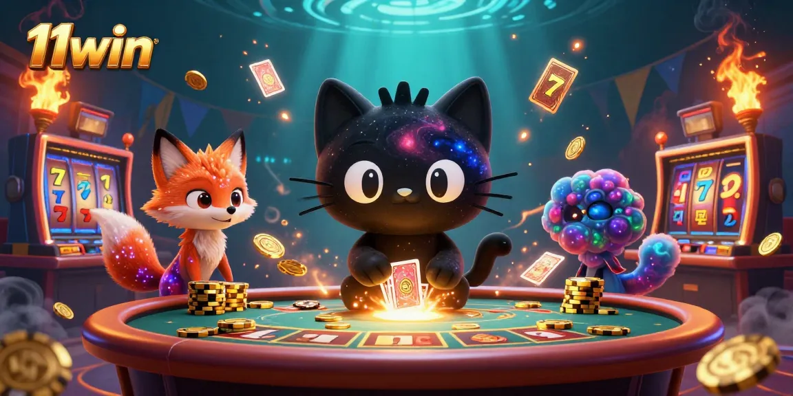 11win showcases a vibrant cosmic casino scene with a black hole cat, slot reels, and golden elements.
