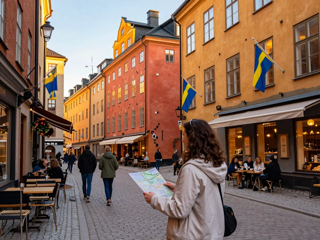 Reisetipps Stockholm: Reisender, der die bunten Straßen von Gamla Stan während der goldenen Stunde erkundet und die lokale Kultur genießt