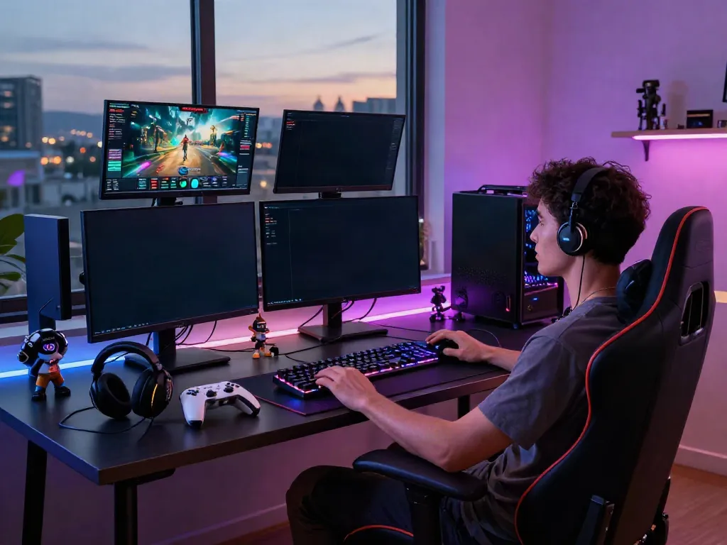 Gamer at home with monitors showcasing games from https://rokok88.us.com, creating an immersive gaming environment.