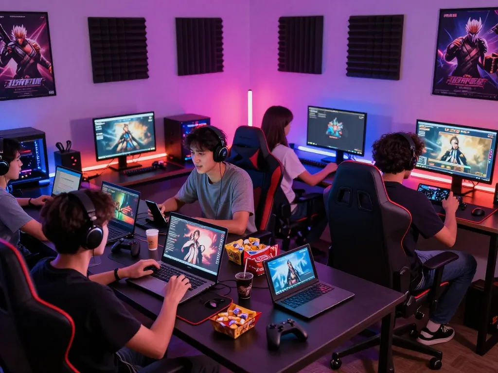 Engaging scene of gamers enjoying online porn games with diverse devices and vibrant atmosphere.