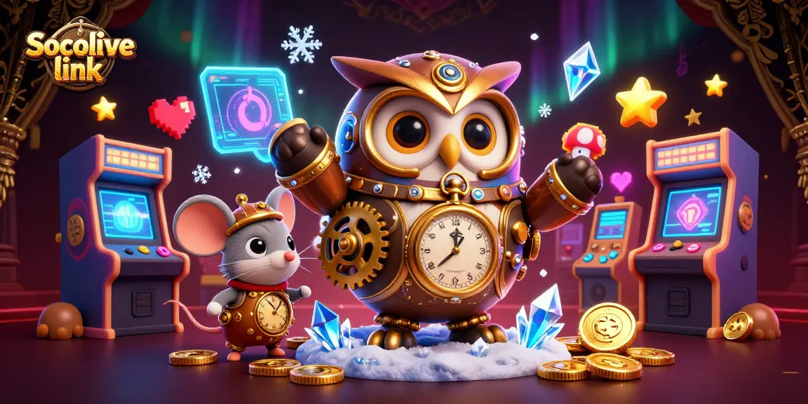 Socolive link showcases a thrilling 3D scene with an owl and clockwork mouse in a vibrant casino setting full of action.
