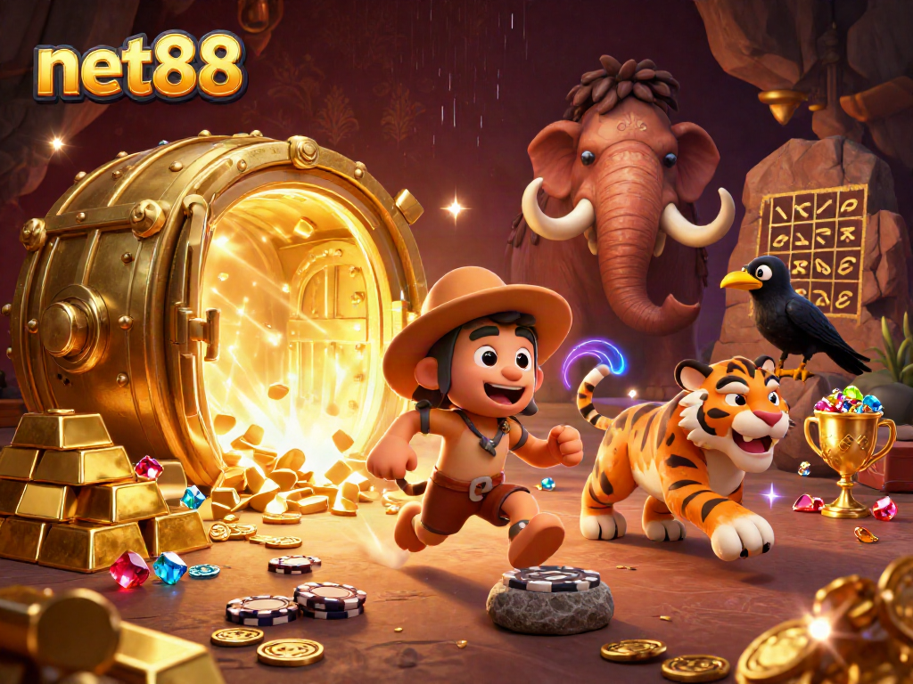 Experience gaming excitement with net88 in a captivating prehistoric casino scene.