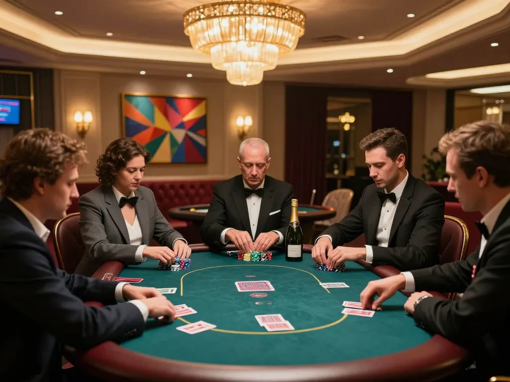 Engaged players in a VIP area enjoy high-stakes poker at trang chủ lc88 with champagne and chips.