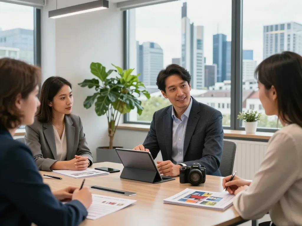 Immobilienmakler Frankfurt Eschersheim diskutiert mit Kunden über Immobilien in einem modernen Büro.