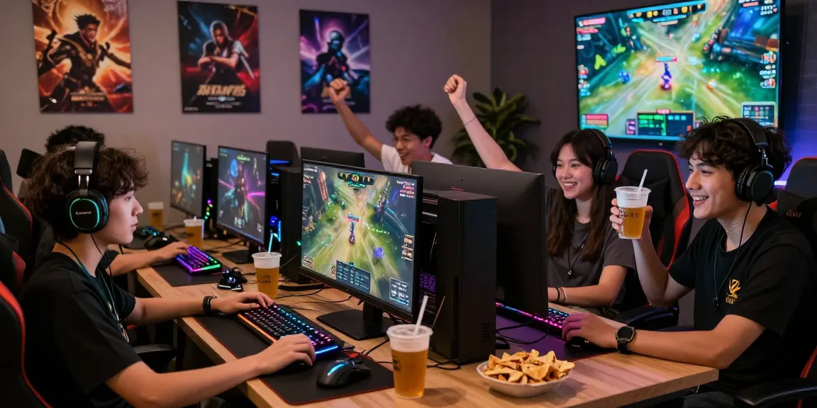 Engaged gamers celebrating a FAFA828 tournament victory in a vibrant gaming room.