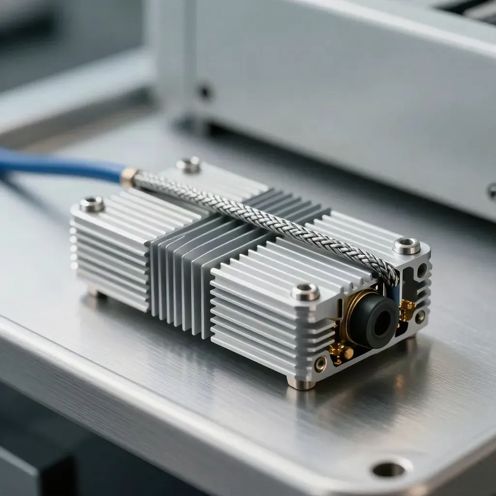 Makro eines Aluminiummoduls mit geflochtenem Kabel und Kühlrippen auf Metallfläche.