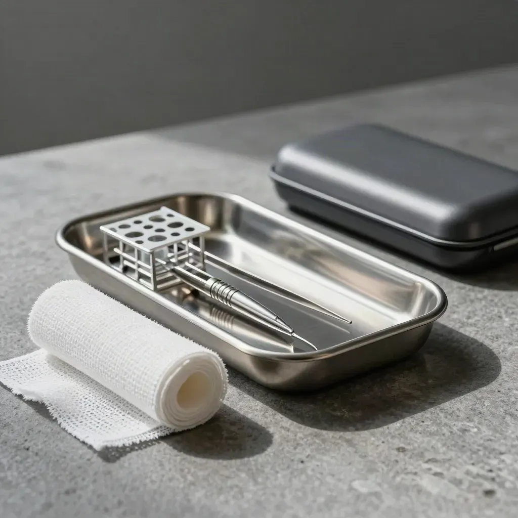 Medizinische Edelstahl-Ablage mit Vial-Rack, Mullrolle und Clip-Box auf grauer Steinfläche.