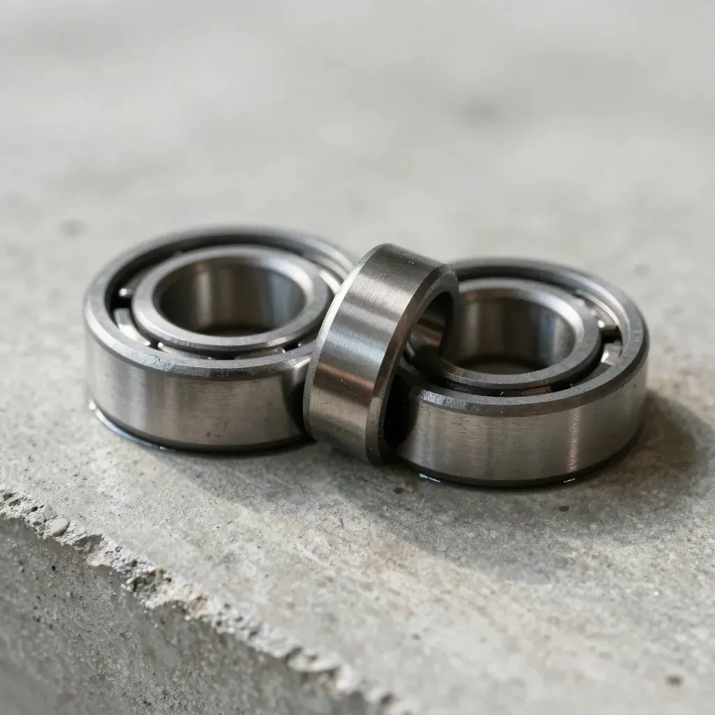Makro von Lagerringen, geölten Stiften und Stahlspacer auf Beton.