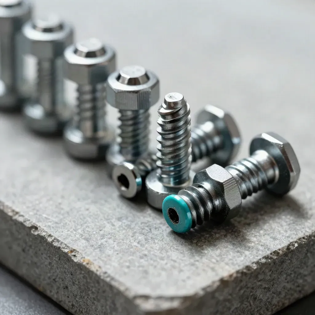 Makro von Torx-Schrauben, Federscheiben und einem fehlenden Abstandshalter auf grauem Werkstein.