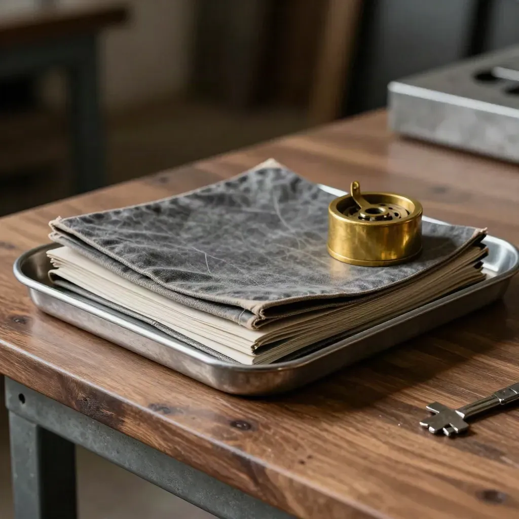Stahlteilewanne, gefalteter Schichtlogbinder und Messing-Papiergewicht auf dunklem Studiotisch.
