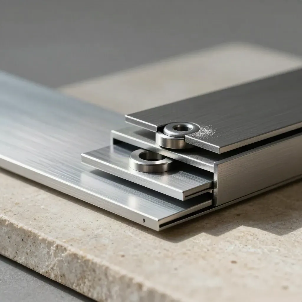 Metallplatten mit Präzisionsverbinder auf hellem Stein, dramatisch und nah beleuchtet.