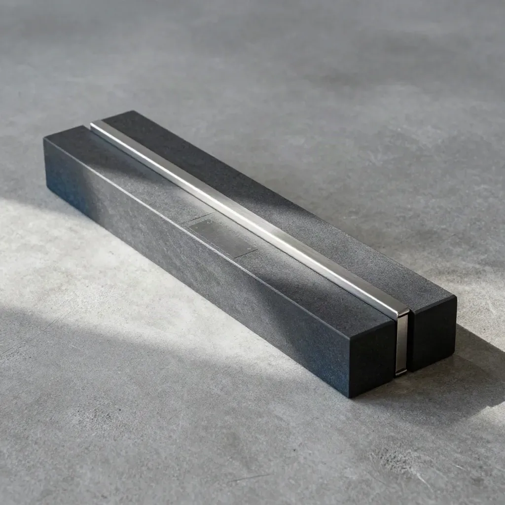 Graphitfarbene Modulblöcke mit magnetischer Verbindung auf hellem Beton von oben.