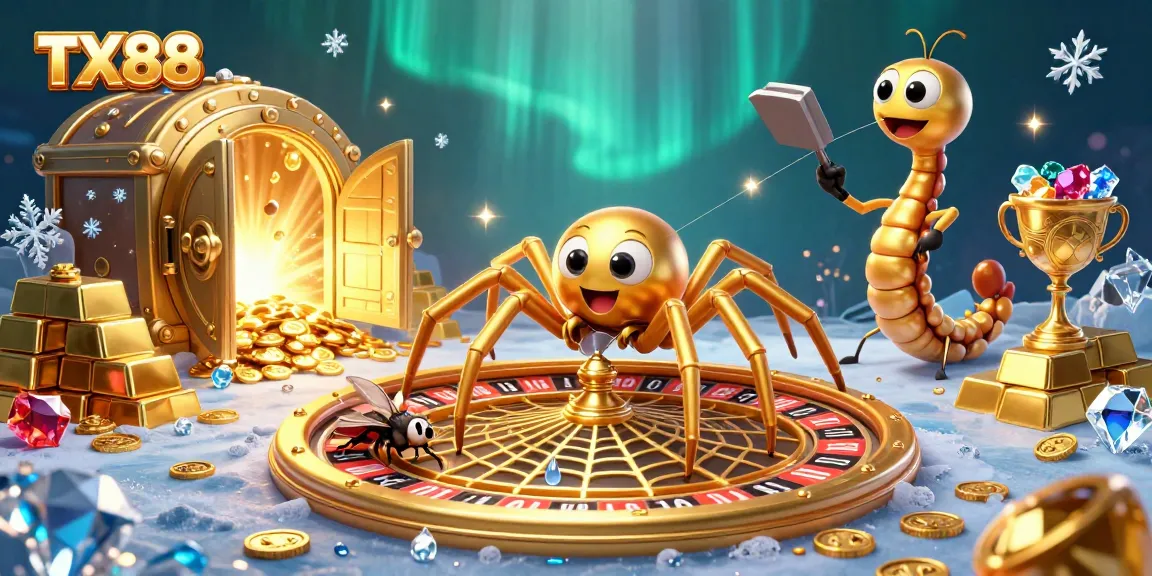 TX88 spins the excitement of casino games with golden spider and vibrant treasures in a dazzling scene.