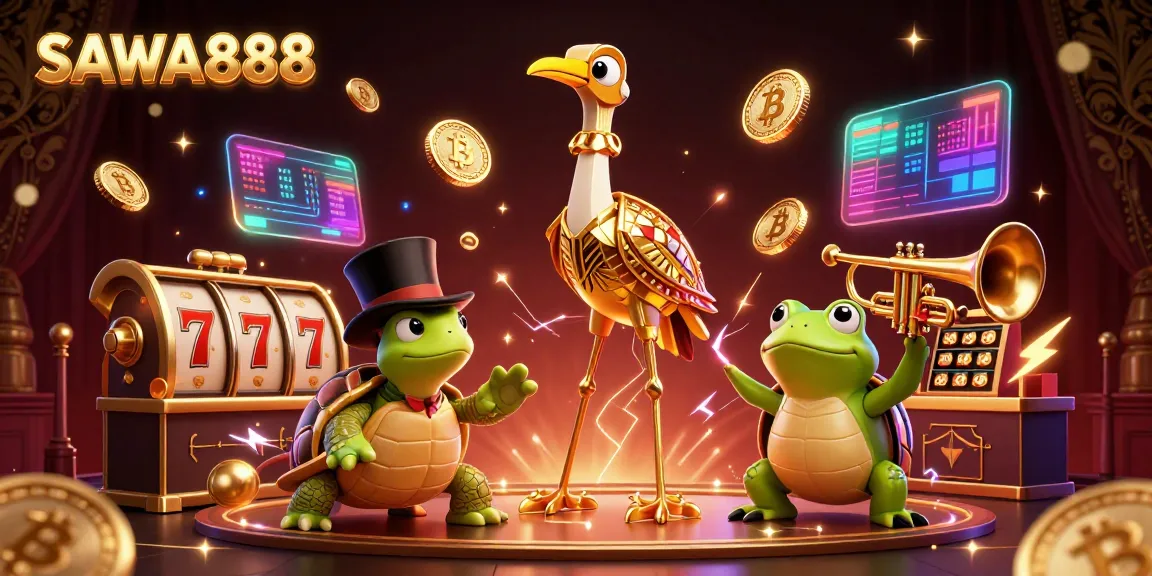 Spin and win at SAWA888's vibrant slots scene with animated characters and glowing crypto elements.
