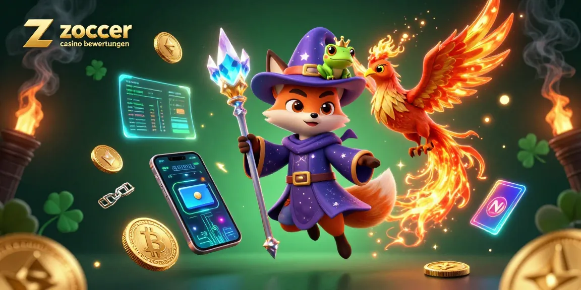 Zoccer Casino Bewertungen showcase thrilling gameplay with a mystical fox and phoenix in 3D art.