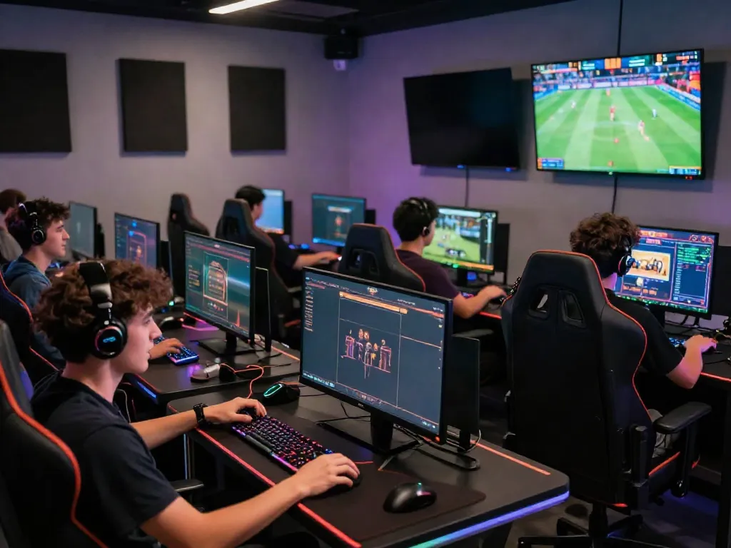 Competitive players engaged in online gaming at Man88, featuring dynamic setups and colorful lighting.