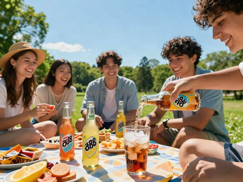 Friends enjoying ROKOK88 Soda Fresh at a sunny picnic, highlighting the refreshing nature of the beverage.