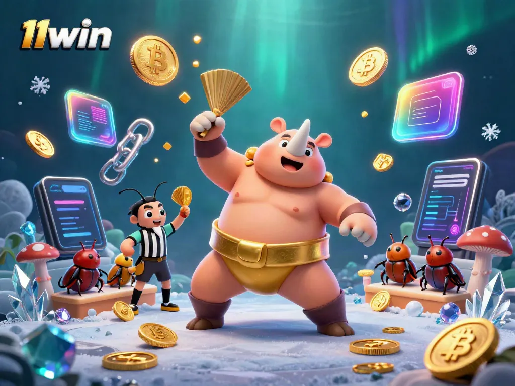 Experience thrilling wins at 11win with our sumo champion beetle celebrating, surrounded by crypto elements.