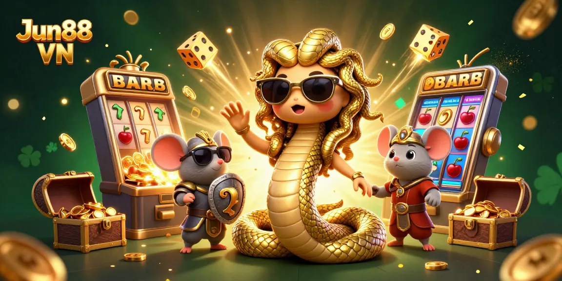 Win big on Jun88 VN with dazzling 3D casino-themed illustration featuring Medusa and casino games.