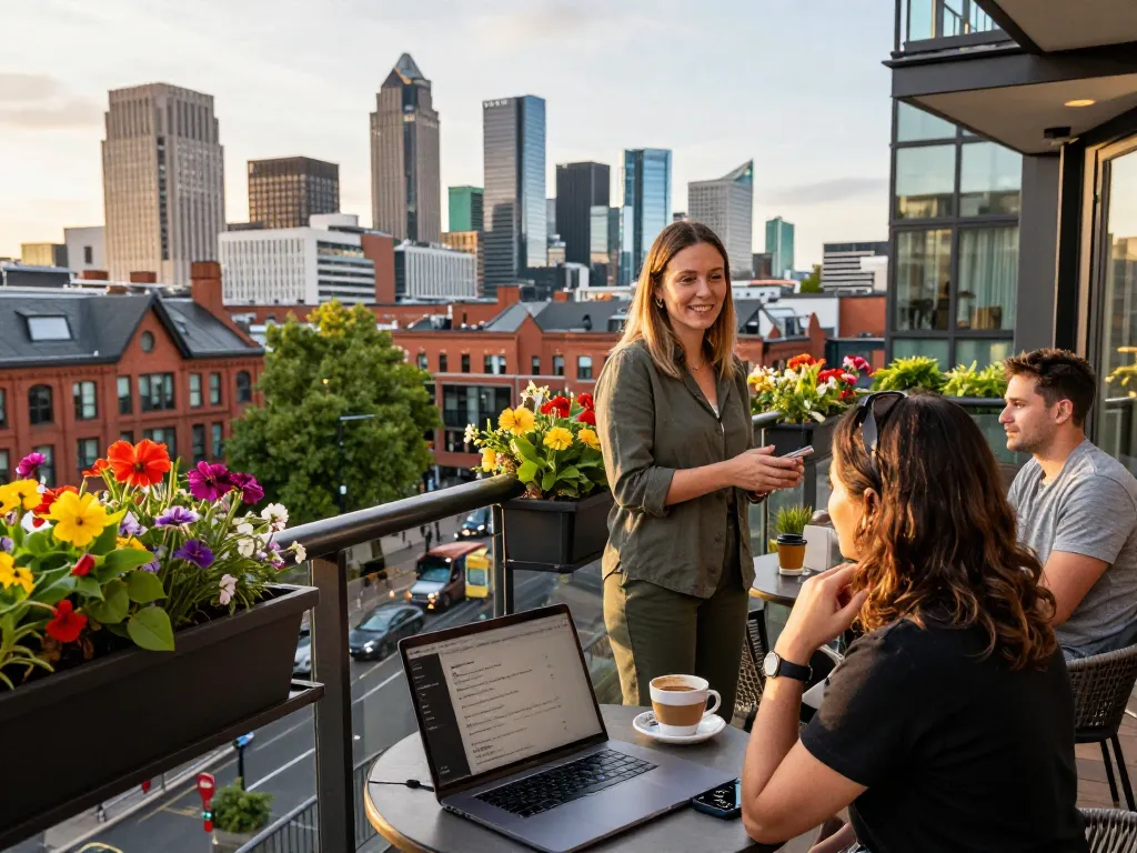 Engaging airbnb management manchester scene with host welcoming guests on an apartment balcony.