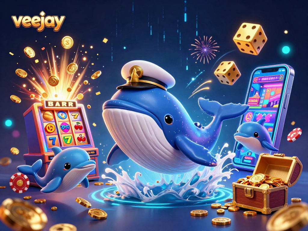 Veejay spielt mit Spielautomaten in einem bunten Casino-Umfeld voller Goldmünzen.