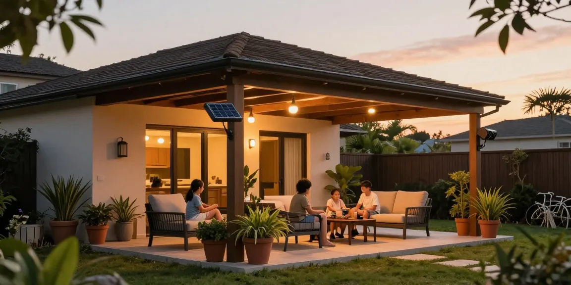 Gemütliche Terrasse mit freistehender Terrassenüberdachung, ideal für entspannende Abende.
