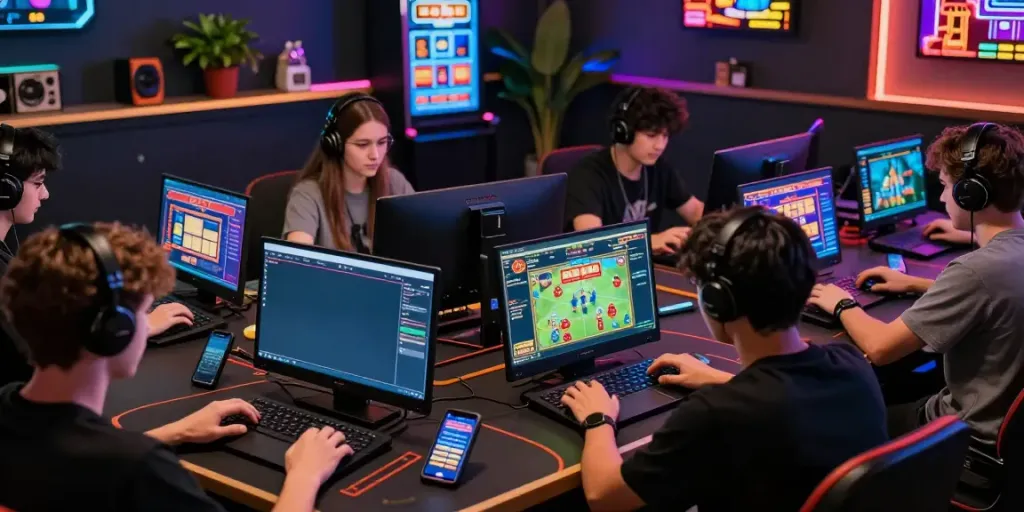 Online gaming enthusiasts engaged with https://ta88.network/ on various devices in a vibrant digital atmosphere.