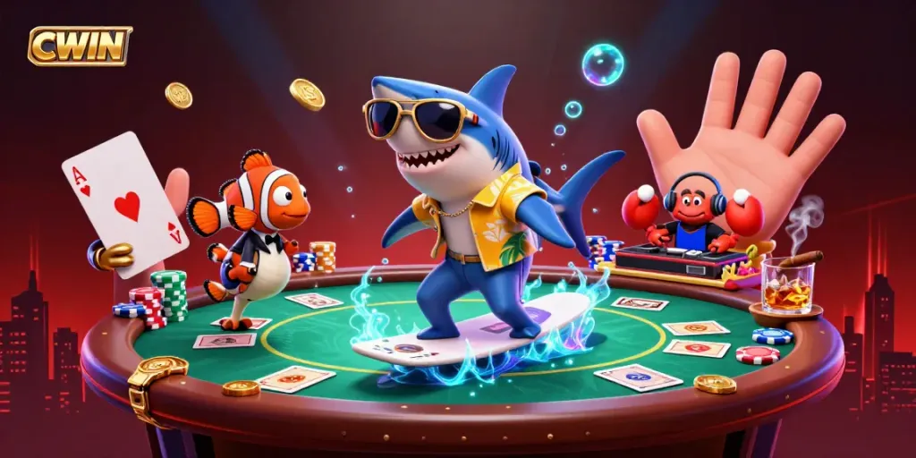 CWIN presents a fun, colorful scene with a shark surfing gold coins while playing poker, embodying the excitement of online gambling.