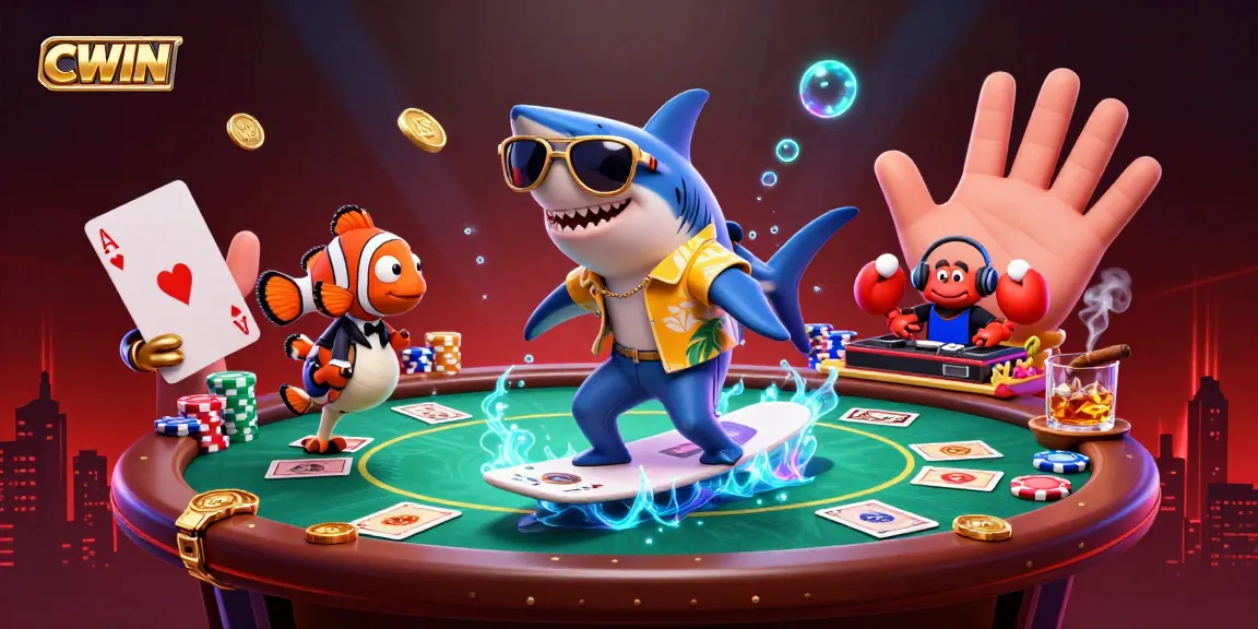 CWIN presents a fun, colorful scene with a shark surfing gold coins while playing poker, embodying the excitement of online gambling.