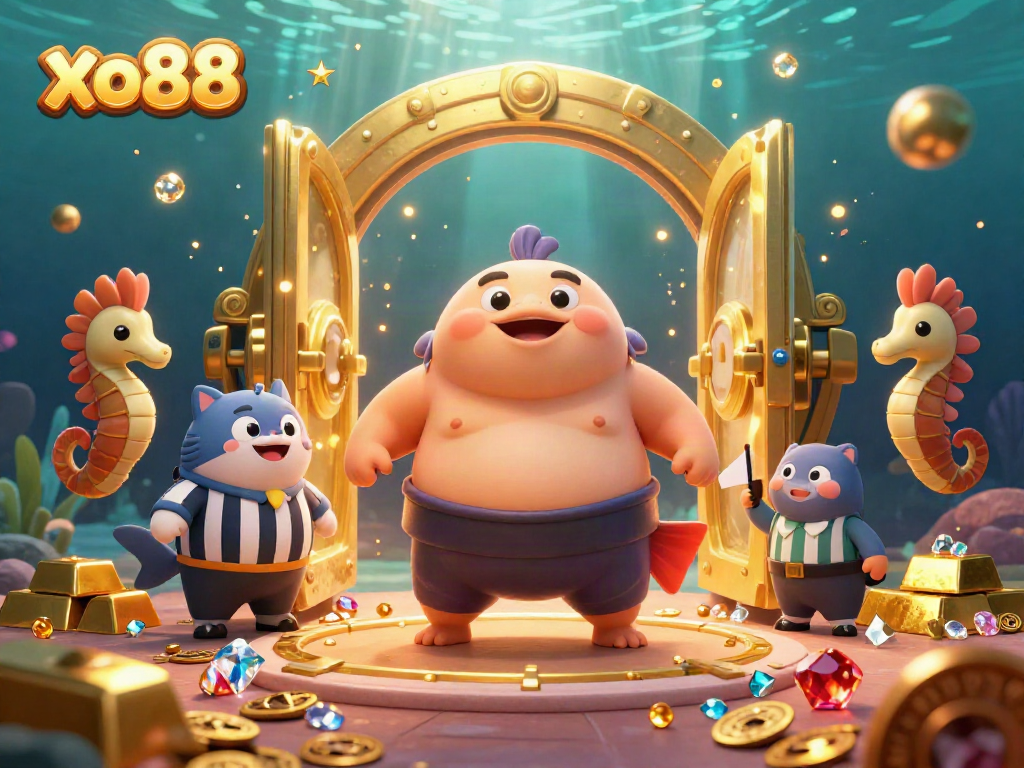 Experience the excitement of xo88 with a dynamic underwater casino scene featuring a fugu, catfish referee, and treasure elements.