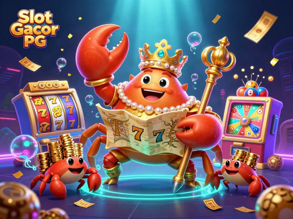 Engage with Slot Gacor PG in a vibrant, animated scene featuring a golden crab emperor surrounded by rich casino imagery.