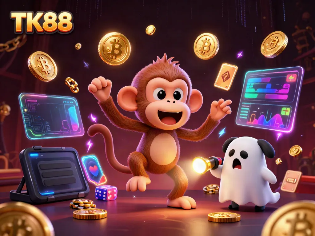 Engage with the captivating energy of TK88’s casino scene, featuring a playful poltergeist monkey and a curious puppy amidst swirling golden treasures.