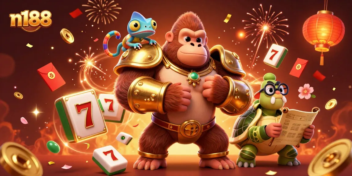 Engage with n188's thrilling casino experience featuring a powerful gorilla, chameleon, and tortoise.