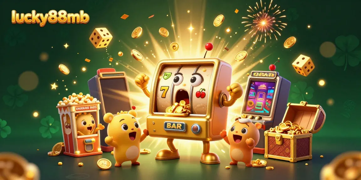 Experience the thrill of winning at lucky88mb with a dazzling 3D gold jackpot scene, featuring cheerful slot machines.