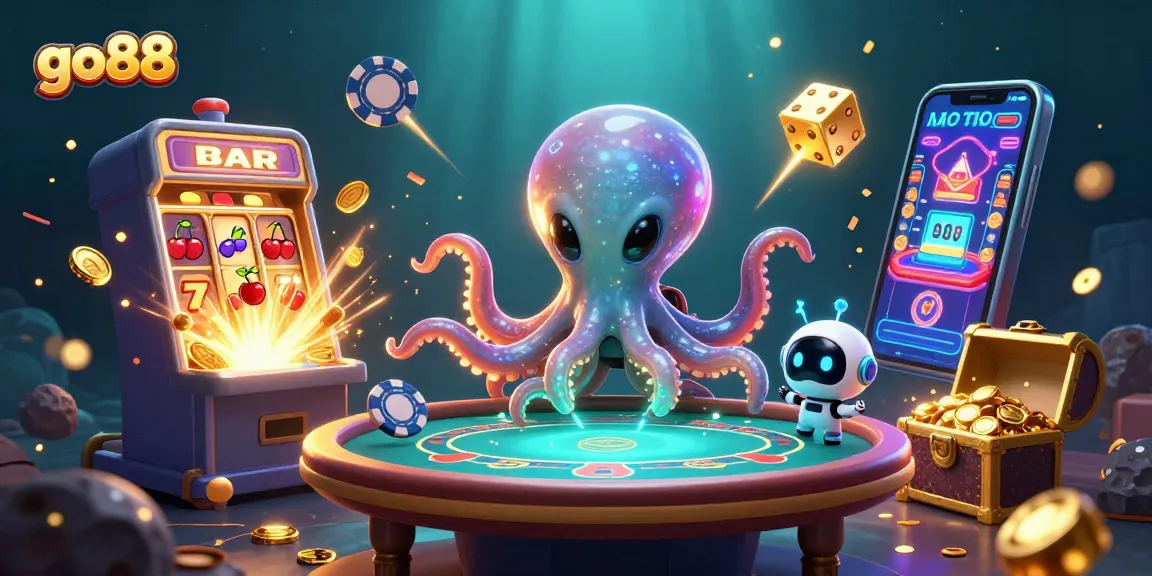 Experience go88's exciting poker scene with a playful alien octopus and vibrant casino elements.