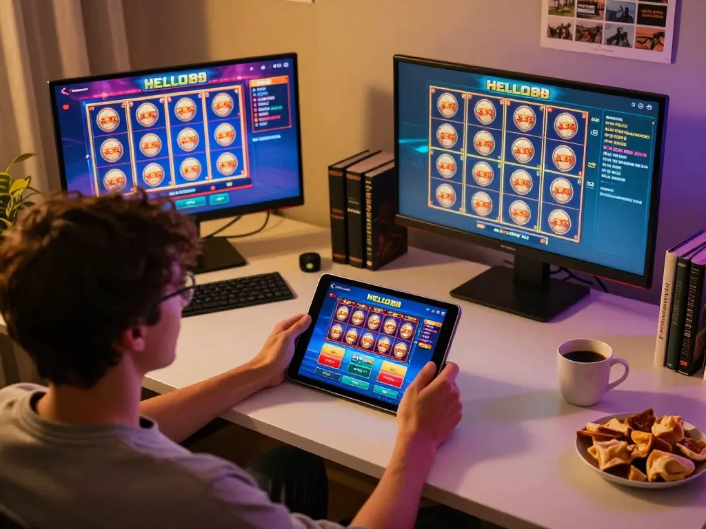 Engaging user enjoying HELLO88 app on a tablet in a cozy home gaming setup