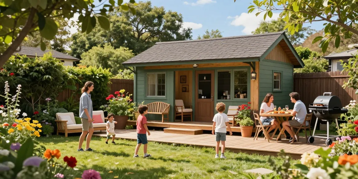 Ein einladendes Gartenhaus, umgeben von blühenden Pflanzen, eine Familie genießt den Nachmittag im Freien.