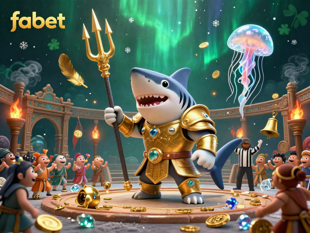 Exciting fabet gaming scene with a tiger shark in armor, coins, and cheering fish in an underwater colosseum.