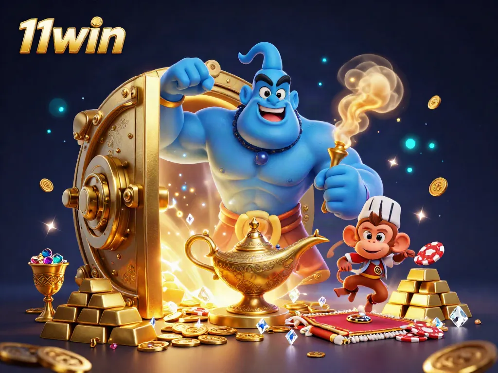Unleash big wins at 11win with an illustration featuring a blue genie and treasures in a casino setting.