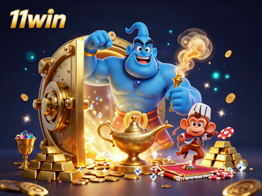 Unleash big wins at 11win with an illustration featuring a blue genie and treasures in a casino setting.